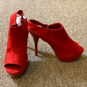 Red suede open toe heel